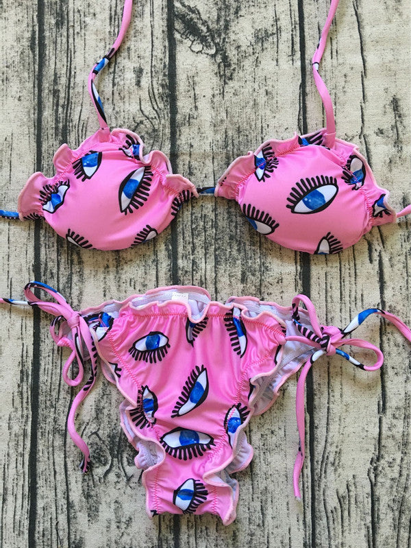 Eye Print Bikini with Ruffle Design for Women