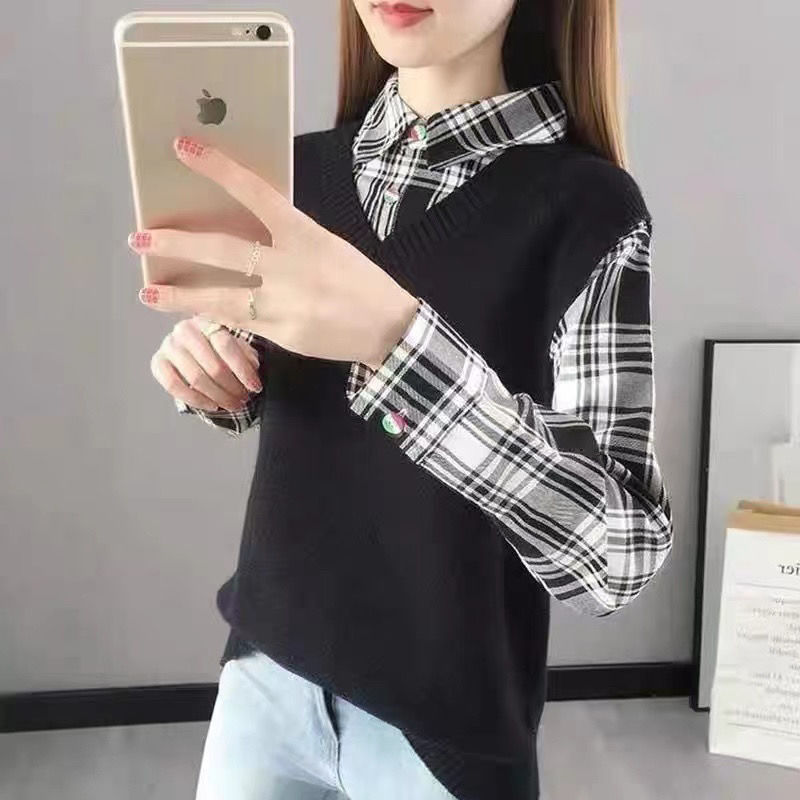 Fashion Knit Plaid T-Shirt for Women - Loose Korean Tee | Streetwear
