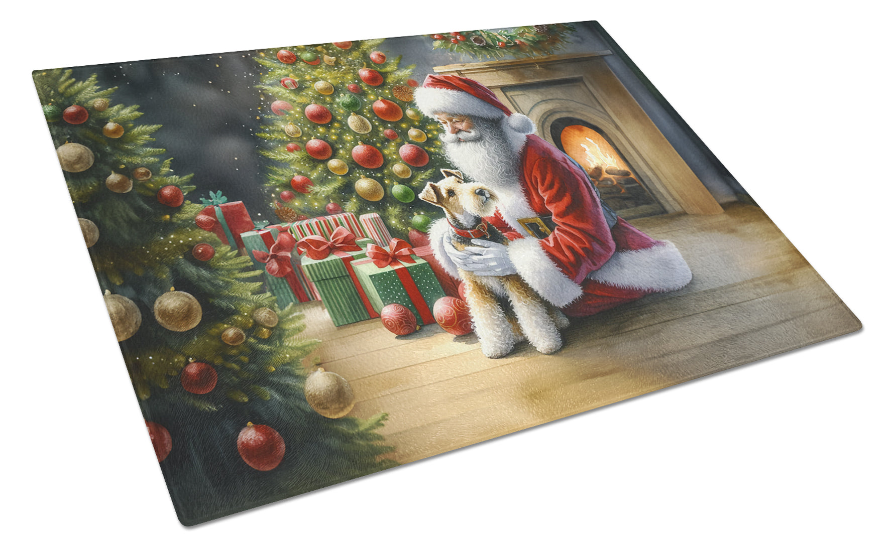 Fox Terrier and Santa Claus Glass Cutting Board