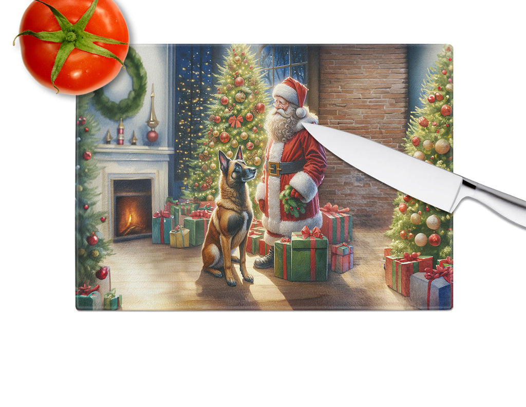 Belgian Malinois and Santa Claus Glass Cutting Board
