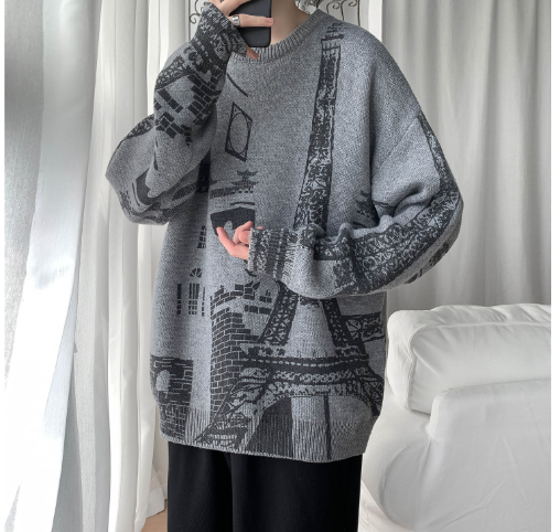 Men's Loose Round Neck Iron Tower Printed Sweater