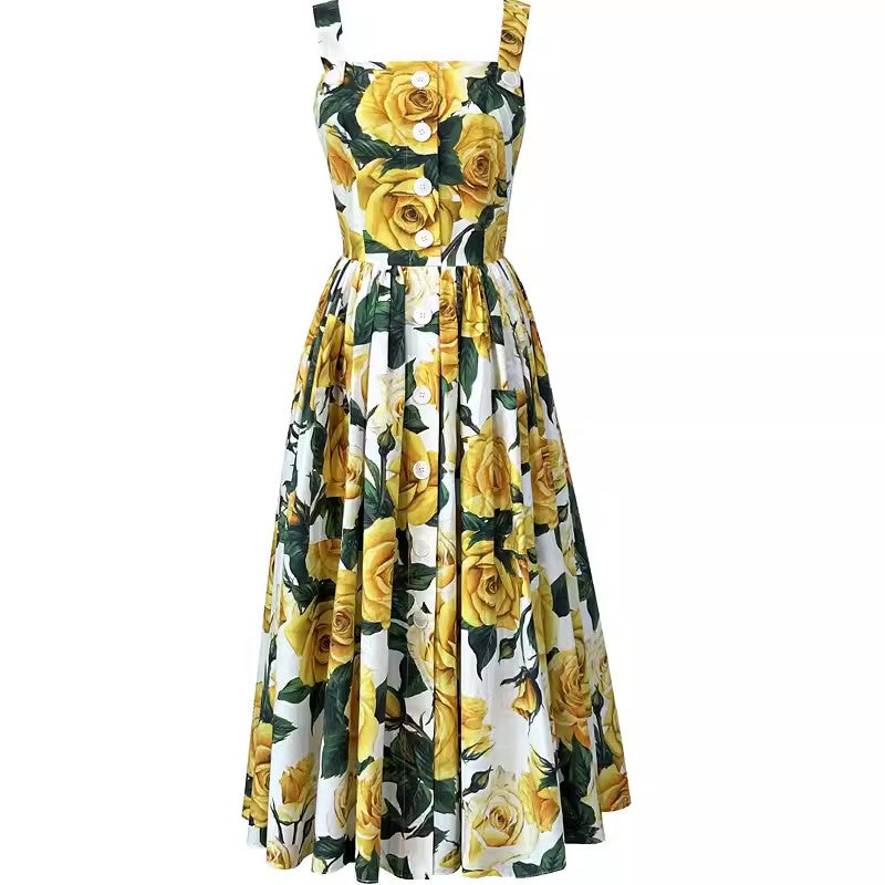 Summer Floral Print Spaghetti Strap Backless Dress