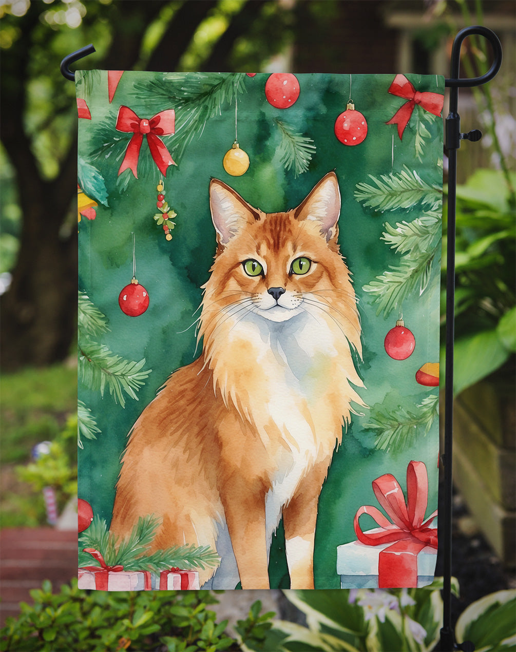 Somali Cat By the Christmas Tree Garden Flag