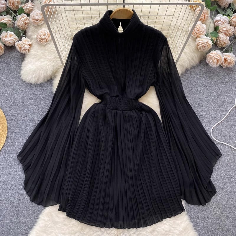 Pleated Flared Sleeve Turtleneck Dress
