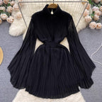 Pleated Flared Sleeve Turtleneck Dress