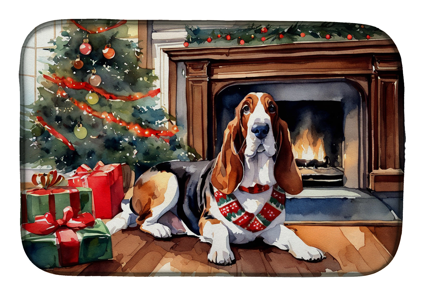 Basset Hound Cozy Christmas Dish Drying Mat