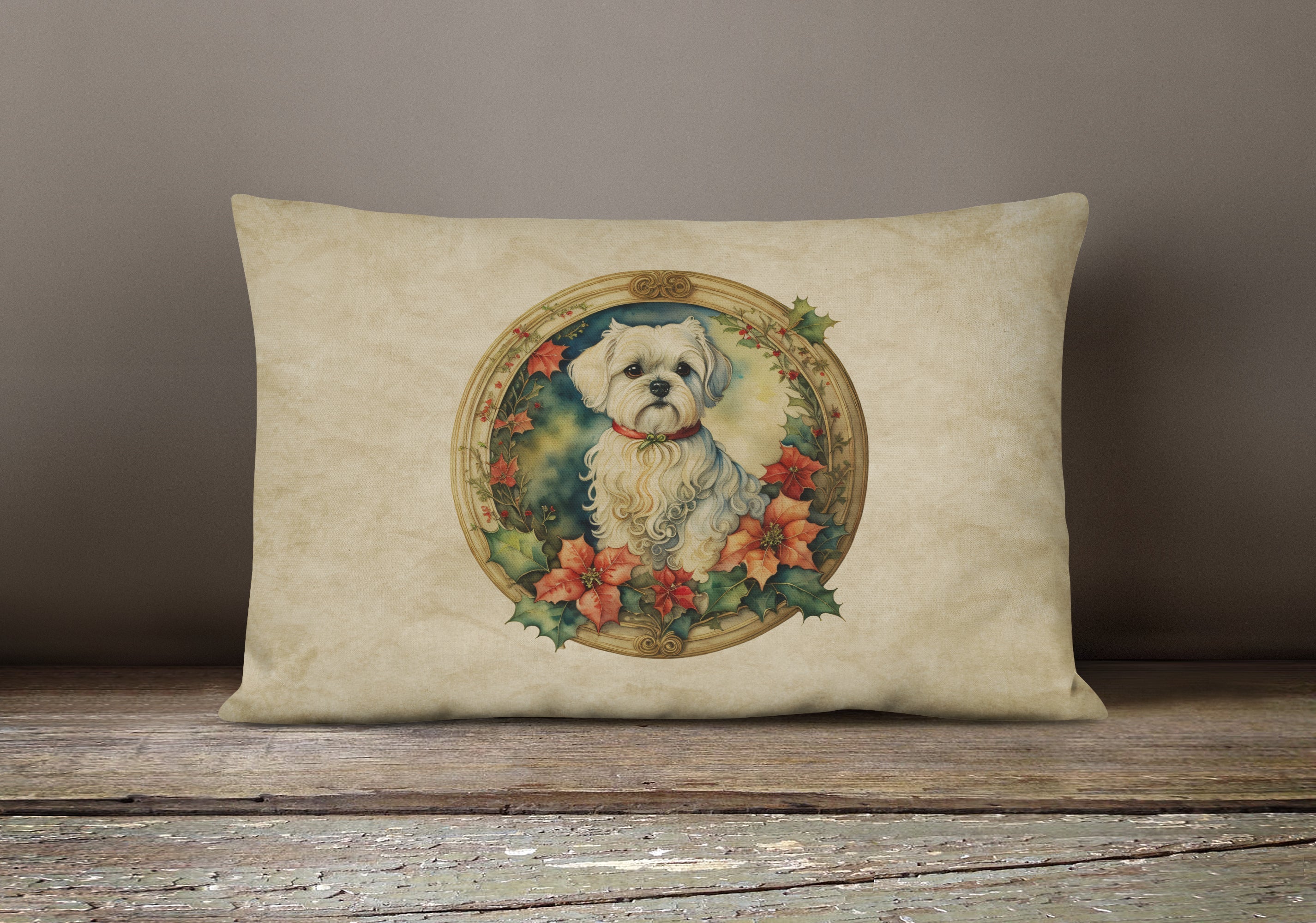 Maltese Christmas Flowers Throw Pillow