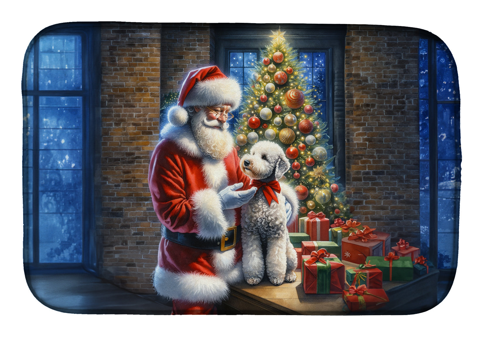 Bedlington Terrier and Santa Claus Dish Drying Mat