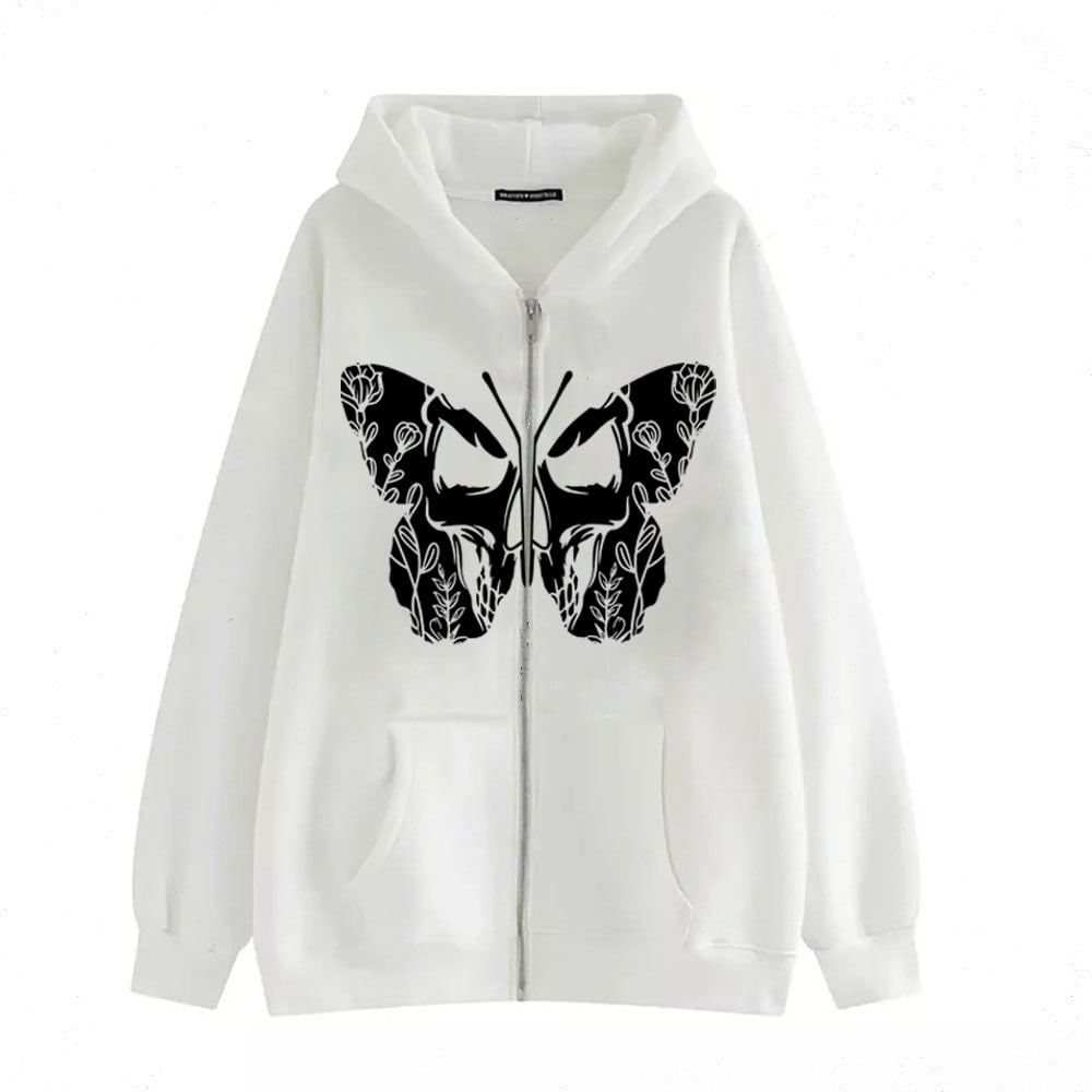Dark Butterfly Print Casual Zip Cardigan Sweatshirt | Streetwear
