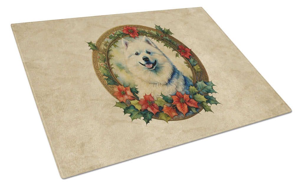 Samoyed Christmas Flowers Glass Cutting Board