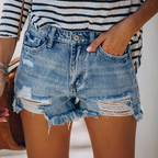High-Waisted Ripped Denim Shorts with Pockets for Women