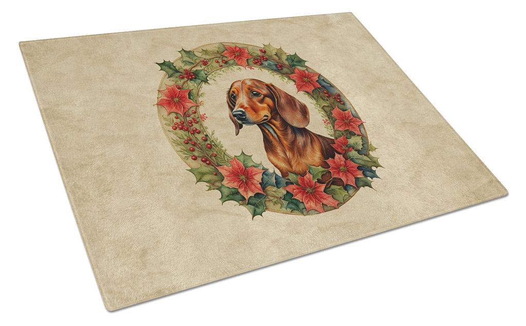 Dachshund Christmas Flowers Glass Cutting Board