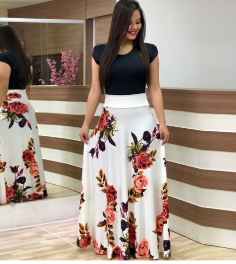 Floral Print Color Block Long Dress for Women