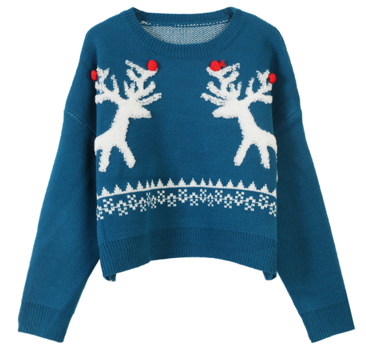 Women's Elk Christmas Sweater - Round Neck Long Sleeve