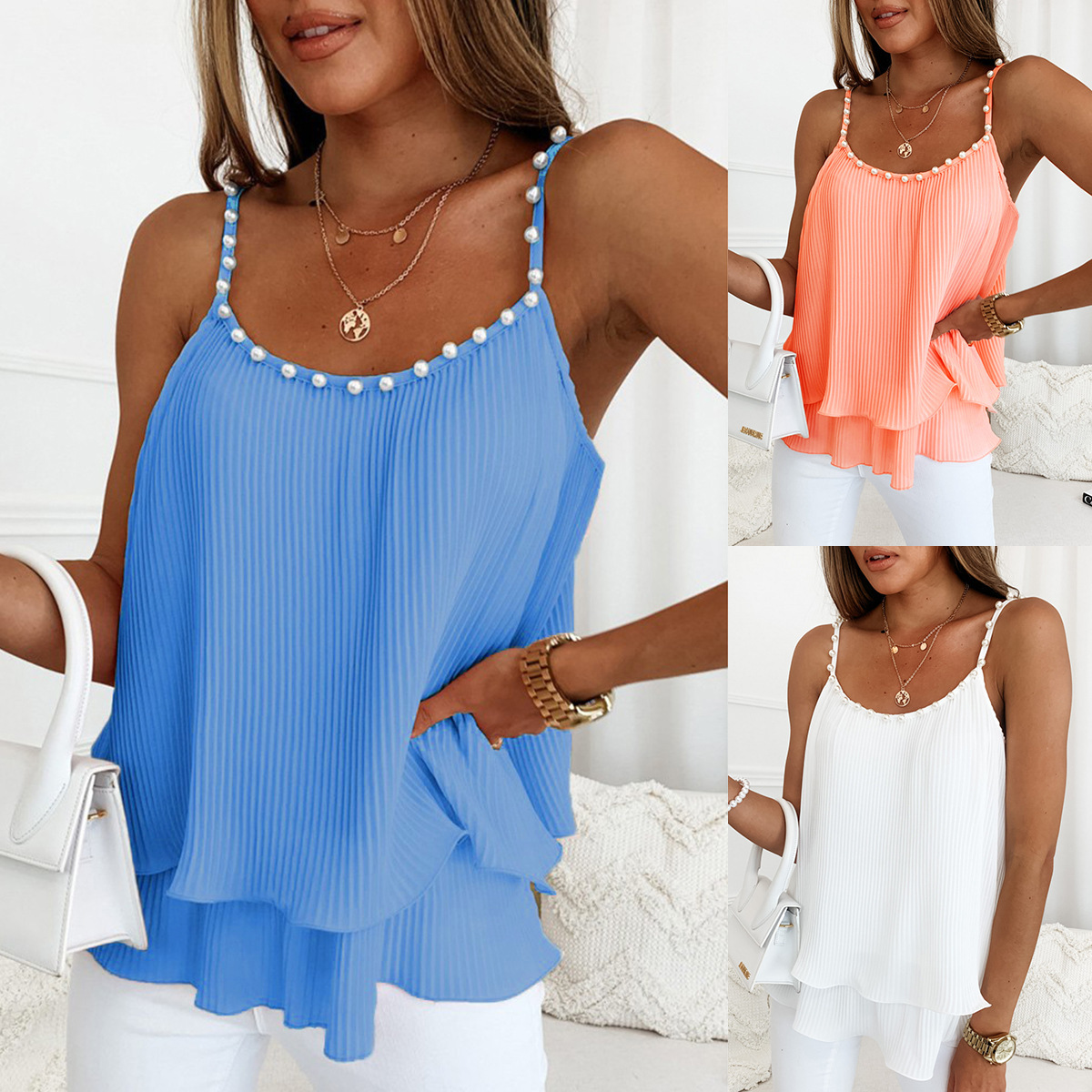 Pearl Accent Pleated Tank Top
