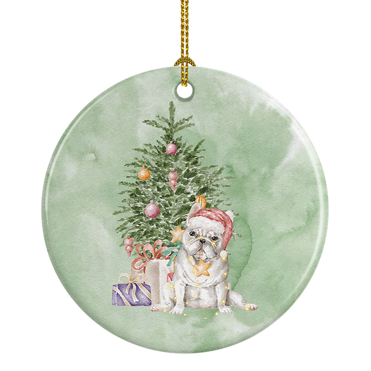 French Bulldog White Christmas Presents and Tree Ceramic Ornament