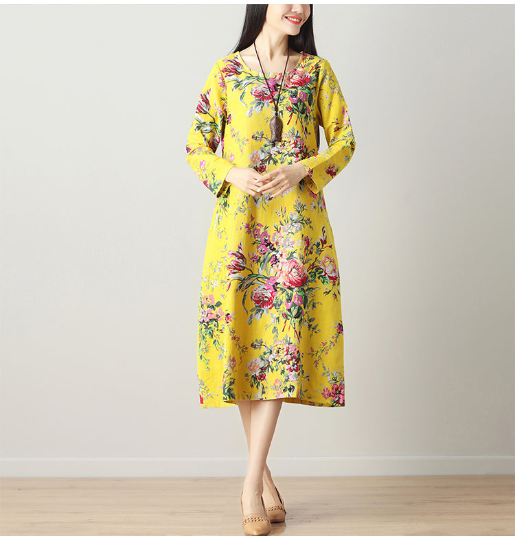 Cotton Linen Dress, Ethnic Style Mid-Length Dress