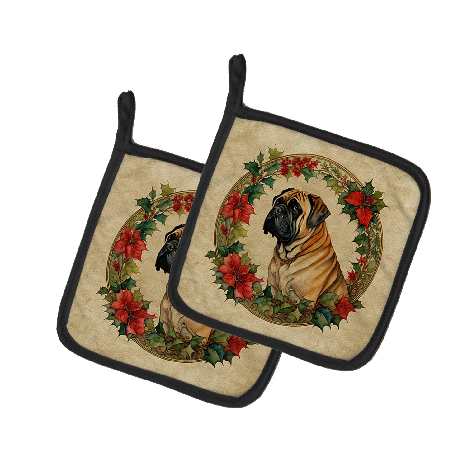 Mastiff Christmas Flowers Pair of Pot Holders