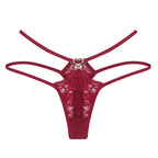 Wine Red Heart-Shaped Buckle Lace Thong Panties