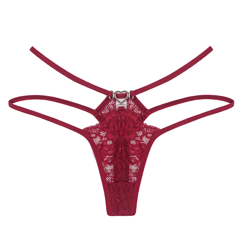 Wine Red Heart-Shaped Buckle Lace Thong Panties
