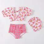 Cute Cartoon Bear Print Swimsuit and Plaid Shorts Set