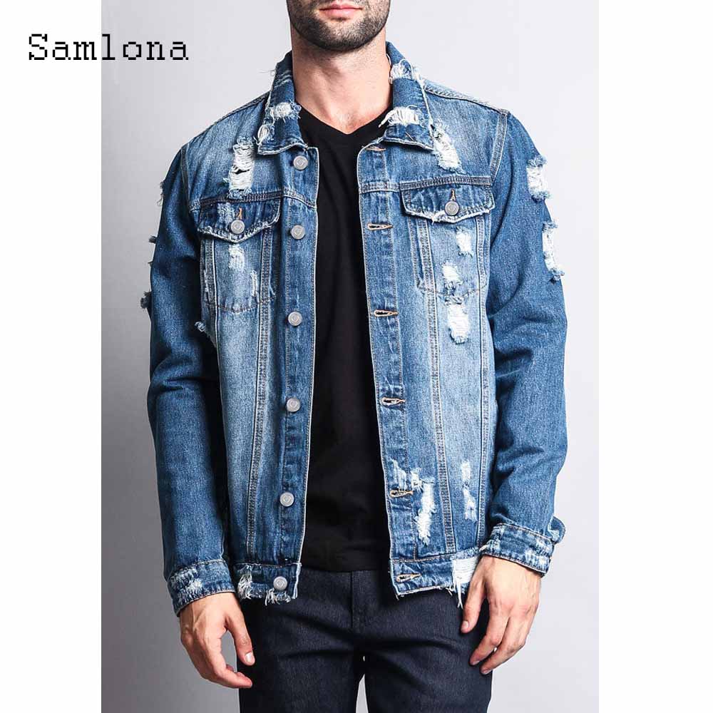 Men's Long Sleeve Ripped Denim Jacket for Casual Wear