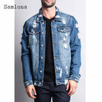 Men's Long Sleeve Ripped Denim Jacket for Casual Wear