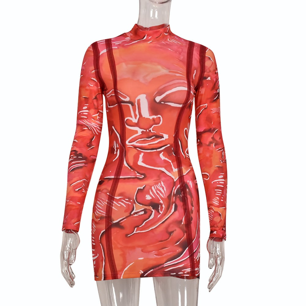 Gradient Long-sleeved Pullover Dress with Round Neck | Streetwear