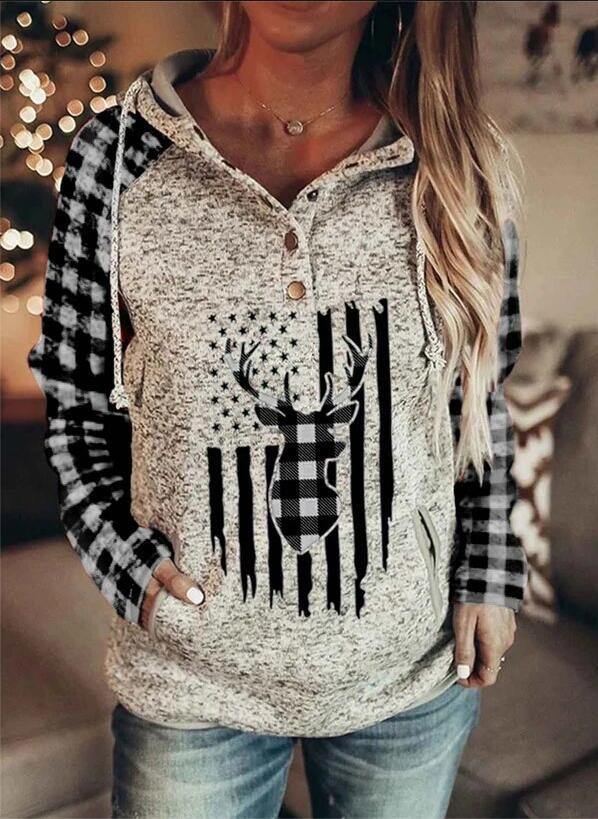 Plaid Printed Long-Sleeved Hooded Fleece Sweater
