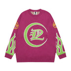Gothic Letter Flame Jacquard Crew Neck Sweater