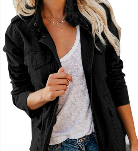Ladies Casual Solid Color Zipper Short Jacket Top
