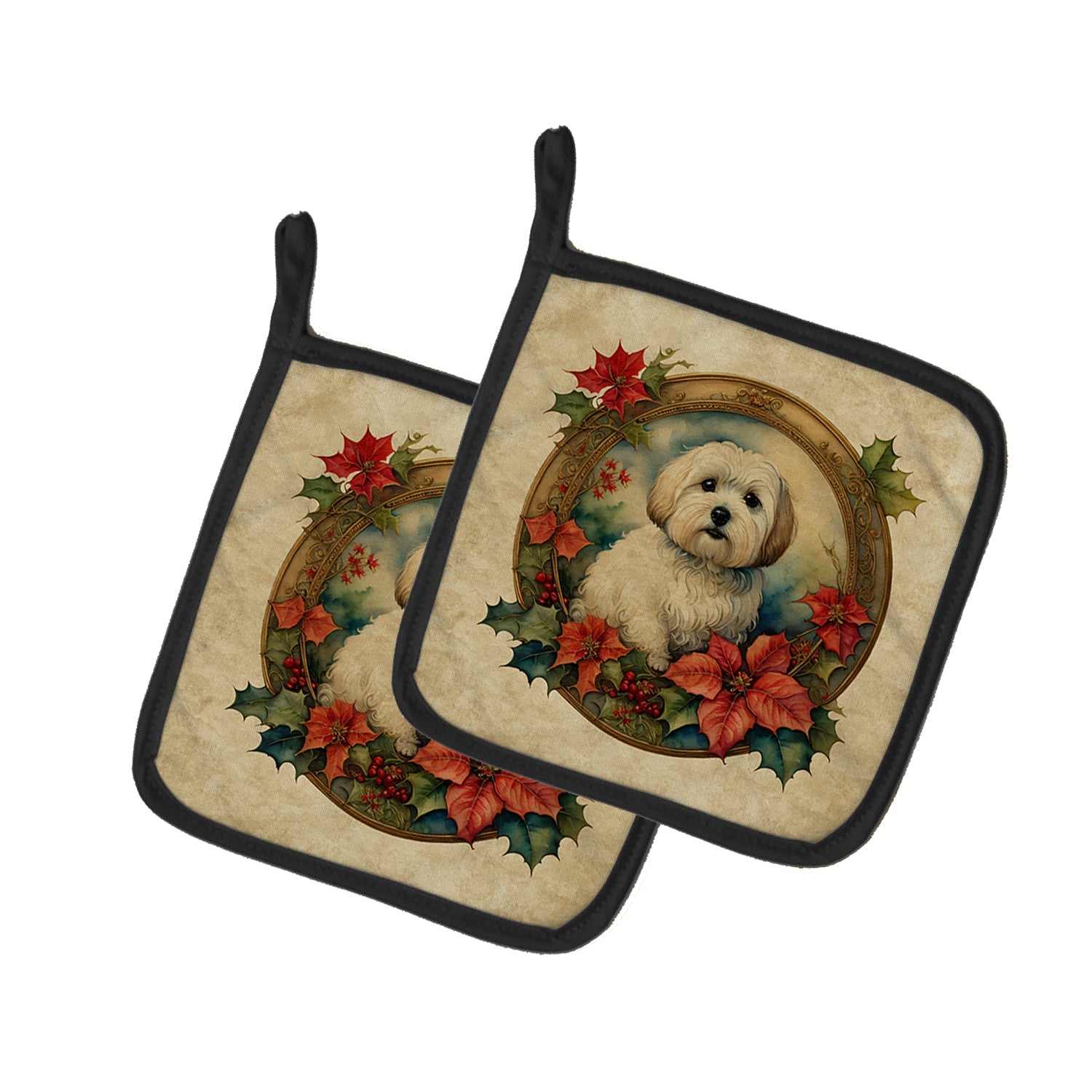 Coton De Tulear Christmas Flowers Pair of Pot Holders