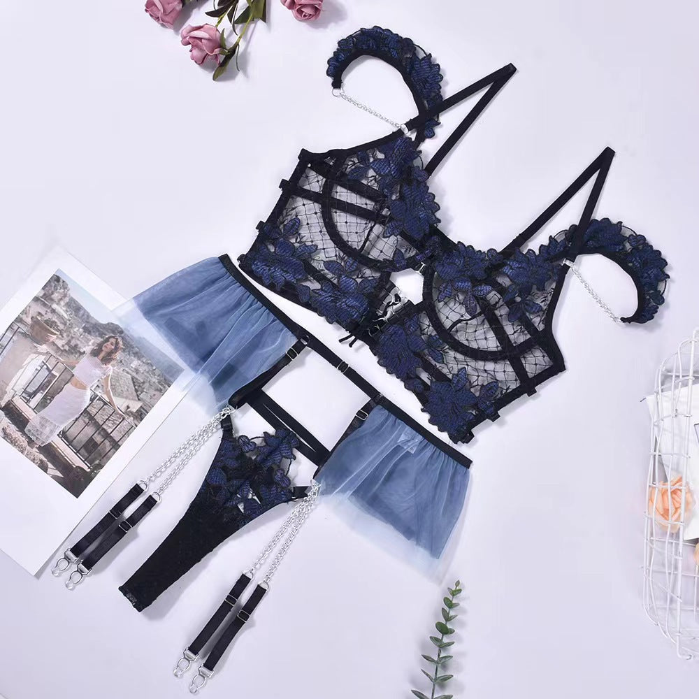 Floral Embroidery Lingerie Set with Chain Cami Top