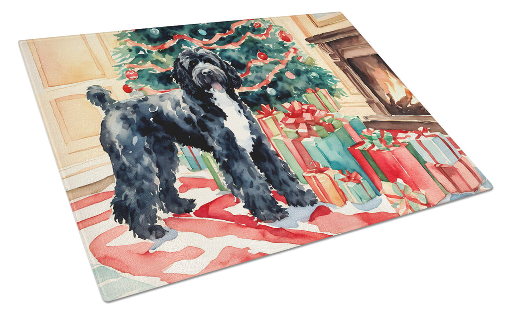 Portuguese Water Dog Cozy Christmas Glass Cutting Board
