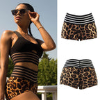 Leopard Print Striped Women's High-Waisted Shorts