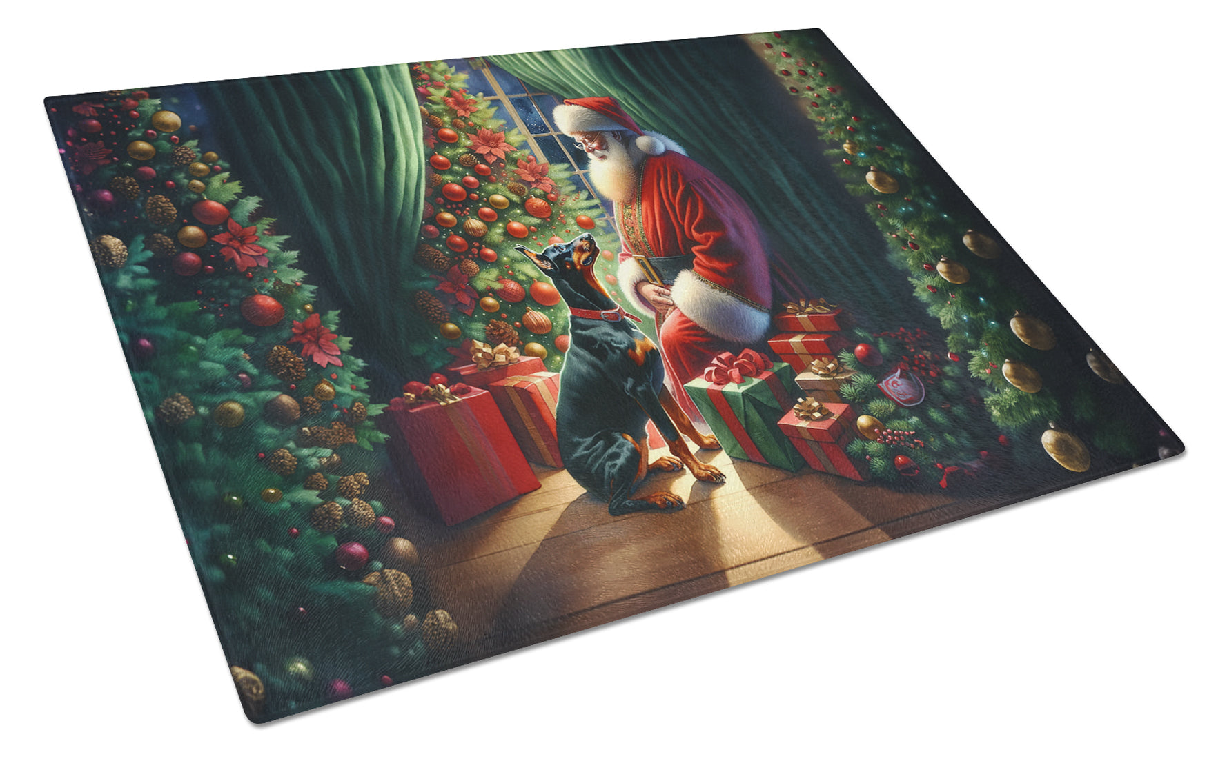 Doberman Pinscher and Santa Claus Glass Cutting Board
