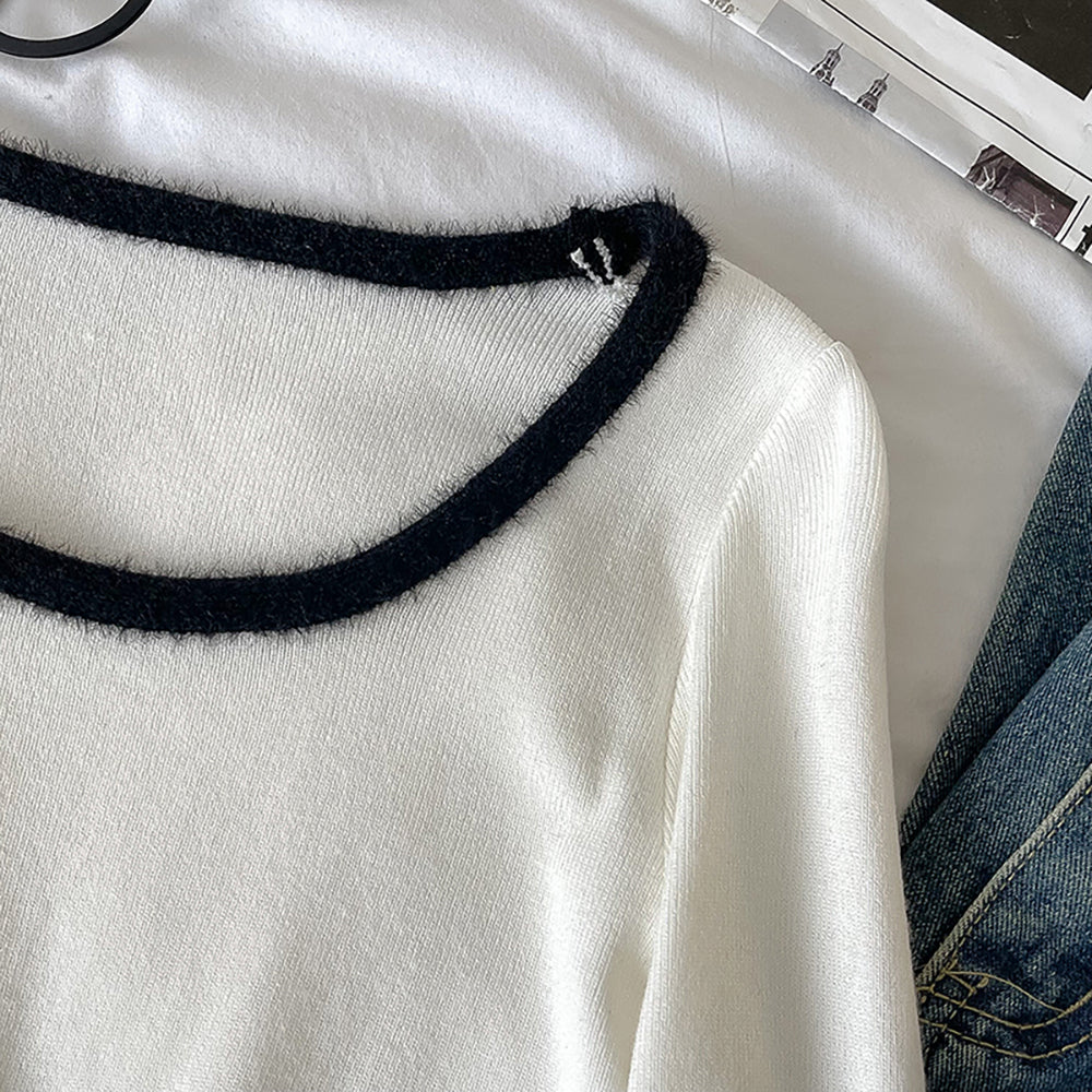 Color Block Long Sleeve U-Neck Slim Fit Sweater for Women