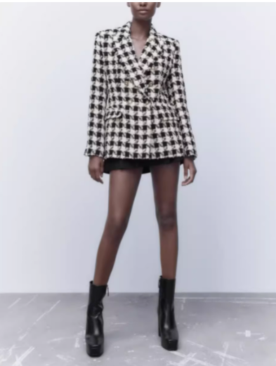 Houndstooth Double Breasted Lapel Coat for Women
