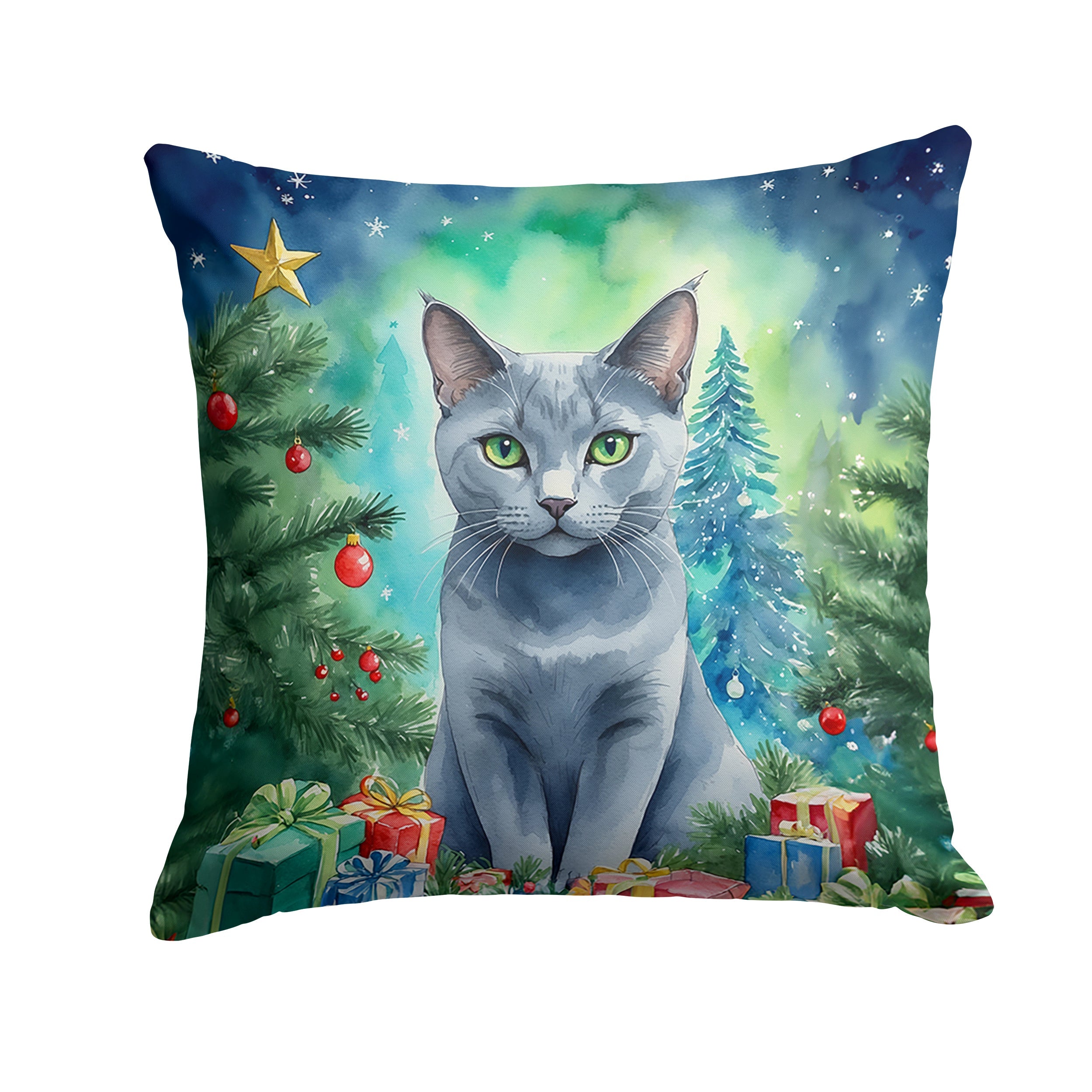 Russian Blue Cat By the Christmas Tree Throw Pillow