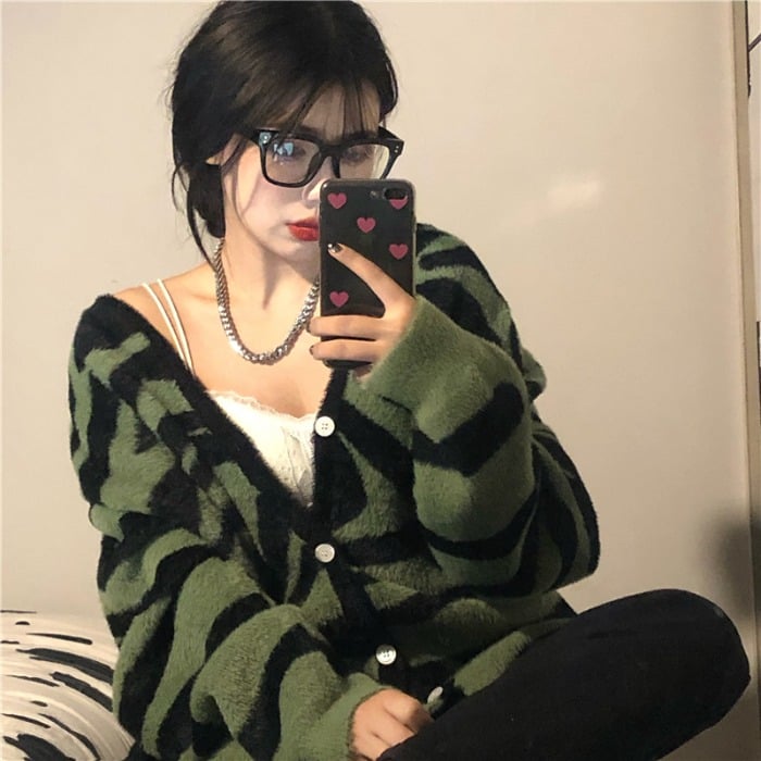 Zebra Print Retro Loose Knit Sweater Cardigan for Women