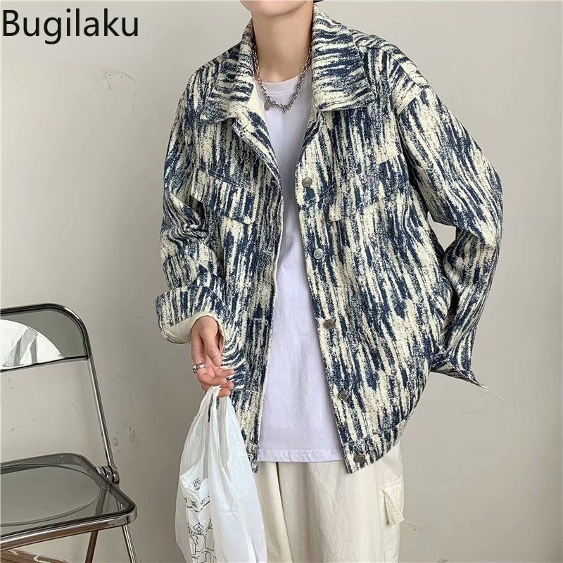 Men's Tie Dye Denim Jacket - Loose Lapel Long Sleeve Top