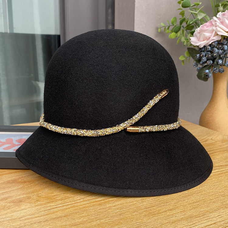 Fashionable Wool Bucket Hat with Belt Decoration for Women | Embroidered Cap