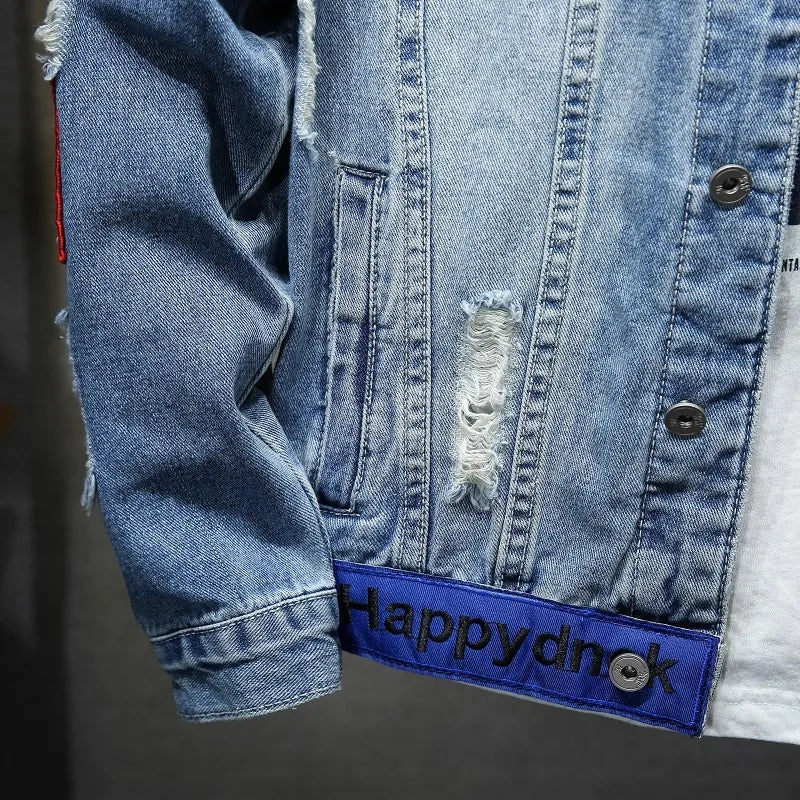 Men's Ripped Denim Jacket - Casual Punk Streetwear Coats