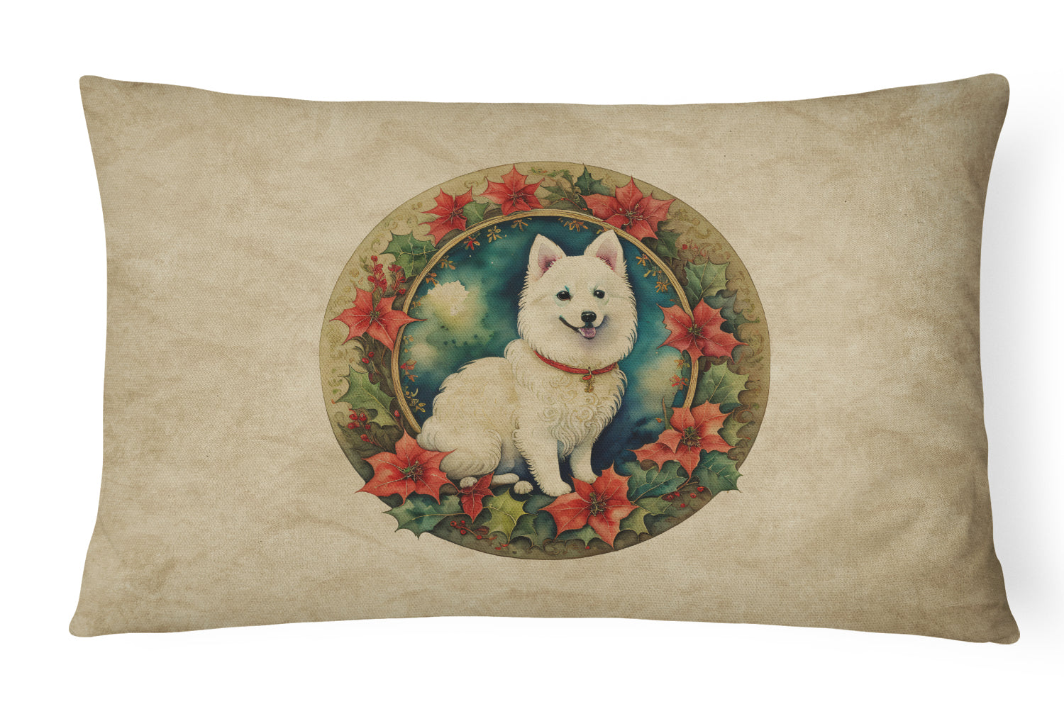 Japanese Spitz Christmas Flowers Throw Pillow