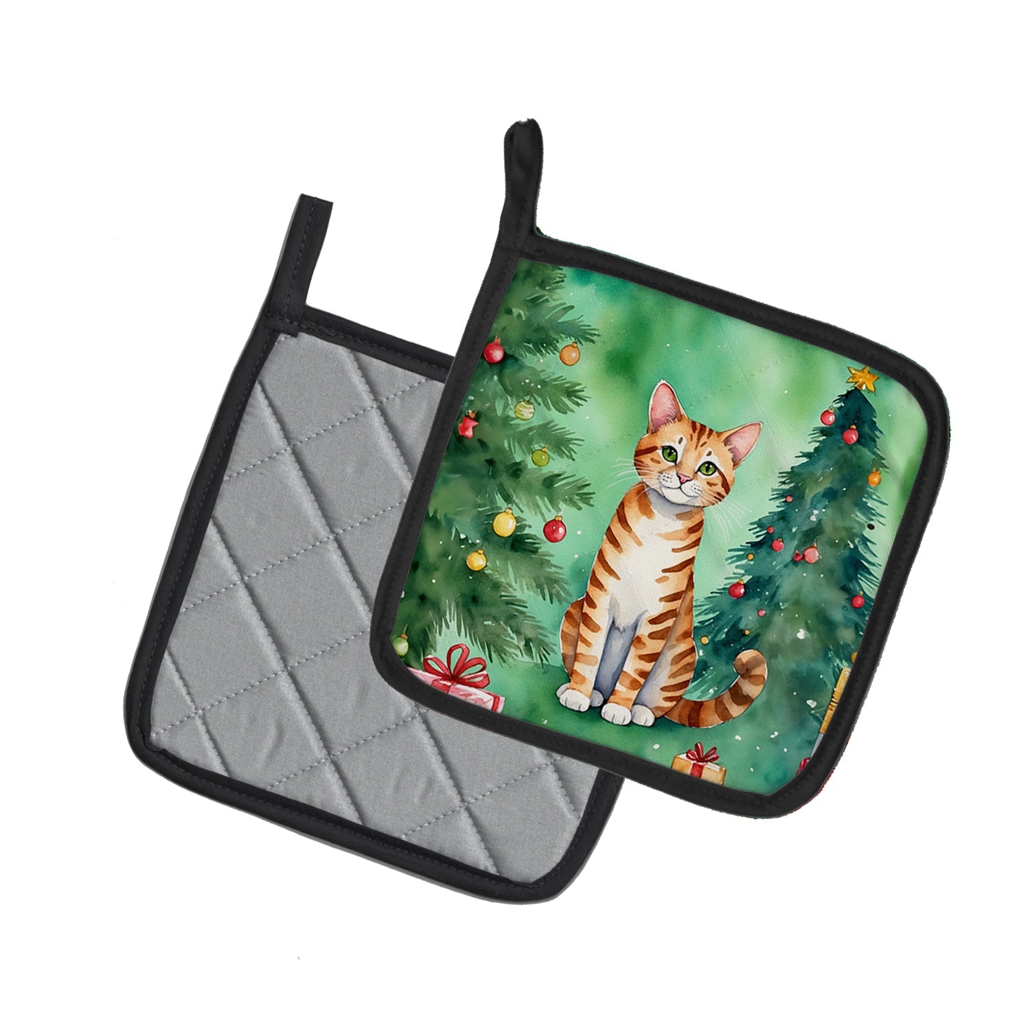 Safari Cat By the Christmas Tree Pair of Pot Holders