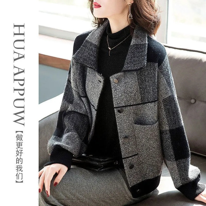 Checkered Woolen Short Coat for Women - 2024 Autumn