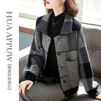 Checkered Woolen Short Coat for Women - 2024 Autumn