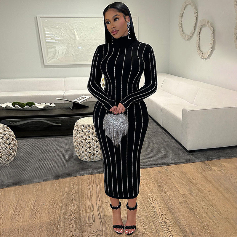 Elegant Rhinestone Slim Fit Turtleneck Dress for Ladies