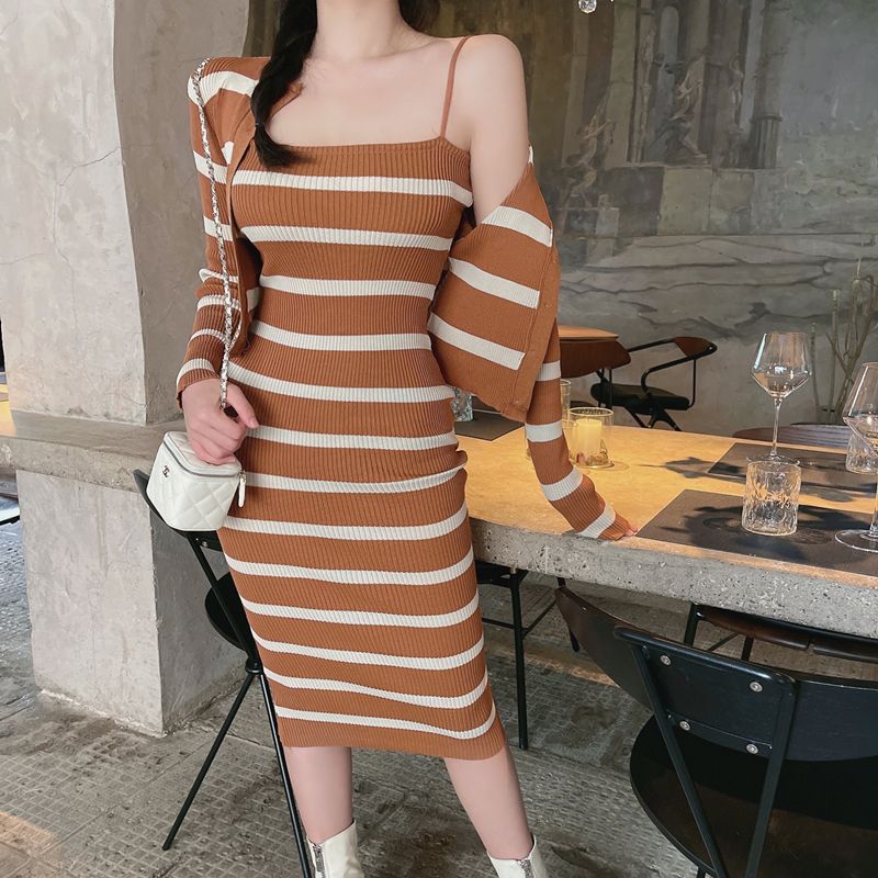 Classy Women's 2-Piece Striped Cropped Cardigan & Dress