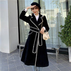 Korean Slim Fit Long Wool Coat with Wave Edge Collar